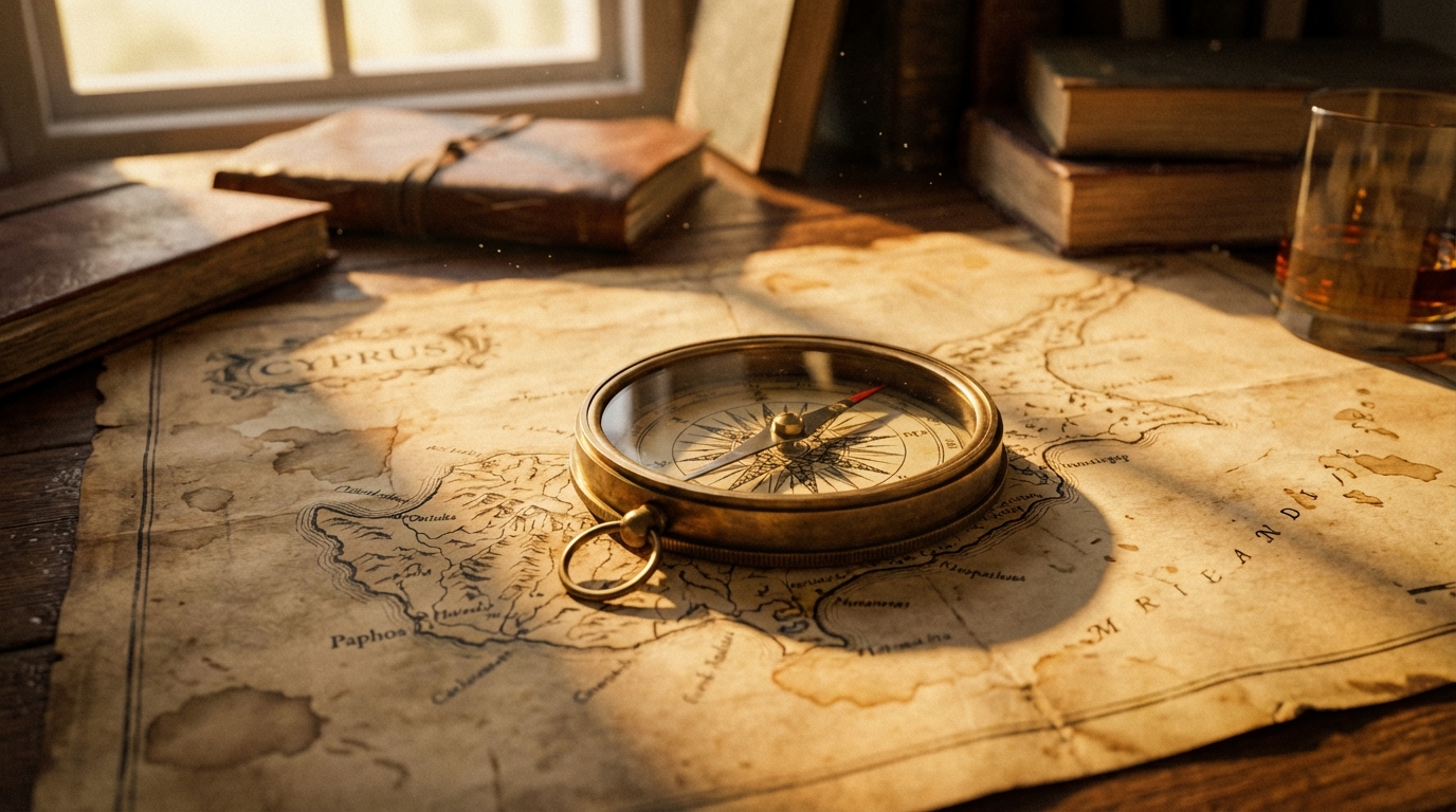 מצפן על מפת קפריסין, מצביע על אזור פאפוס כדוגמה לבחירת יעד השקעה