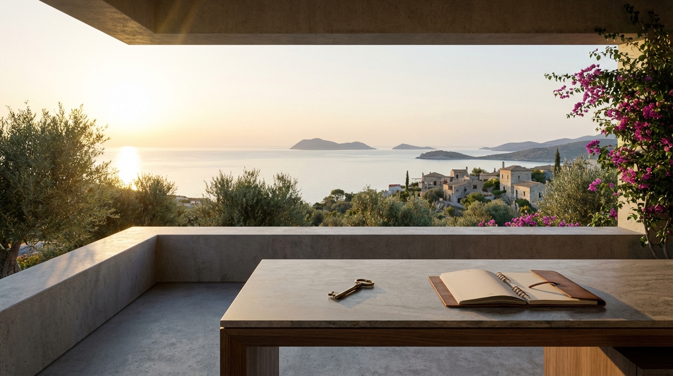 מפתח על שולחן עבודה עם נוף לים בקפריסין, מסמל את המדריך למשקיע המתחיל בנדל"ן