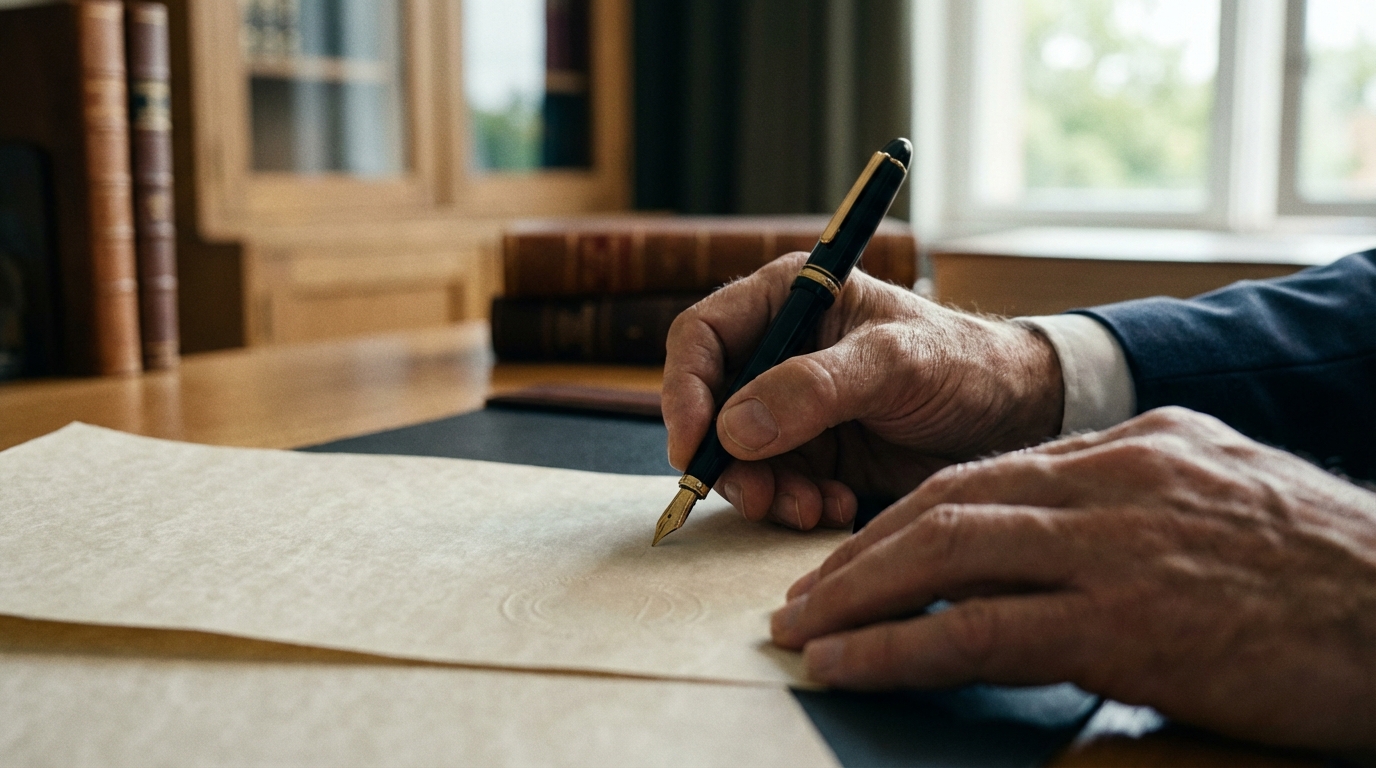 ידיים חותמות על חוזה עם עט נובע, מייצג את התהליך המשפטי של רכישת נדל