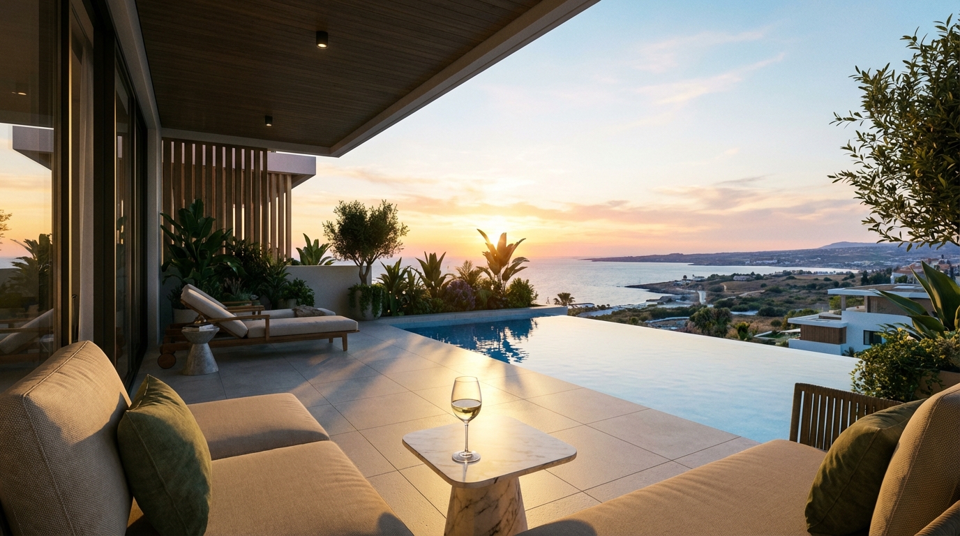 מרפסת דירת יוקרה מודרנית המשקיפה אל הים בפאפוס בשעת שקיעה, המסמלת השקעת נדל"ן ואיכות חיים.