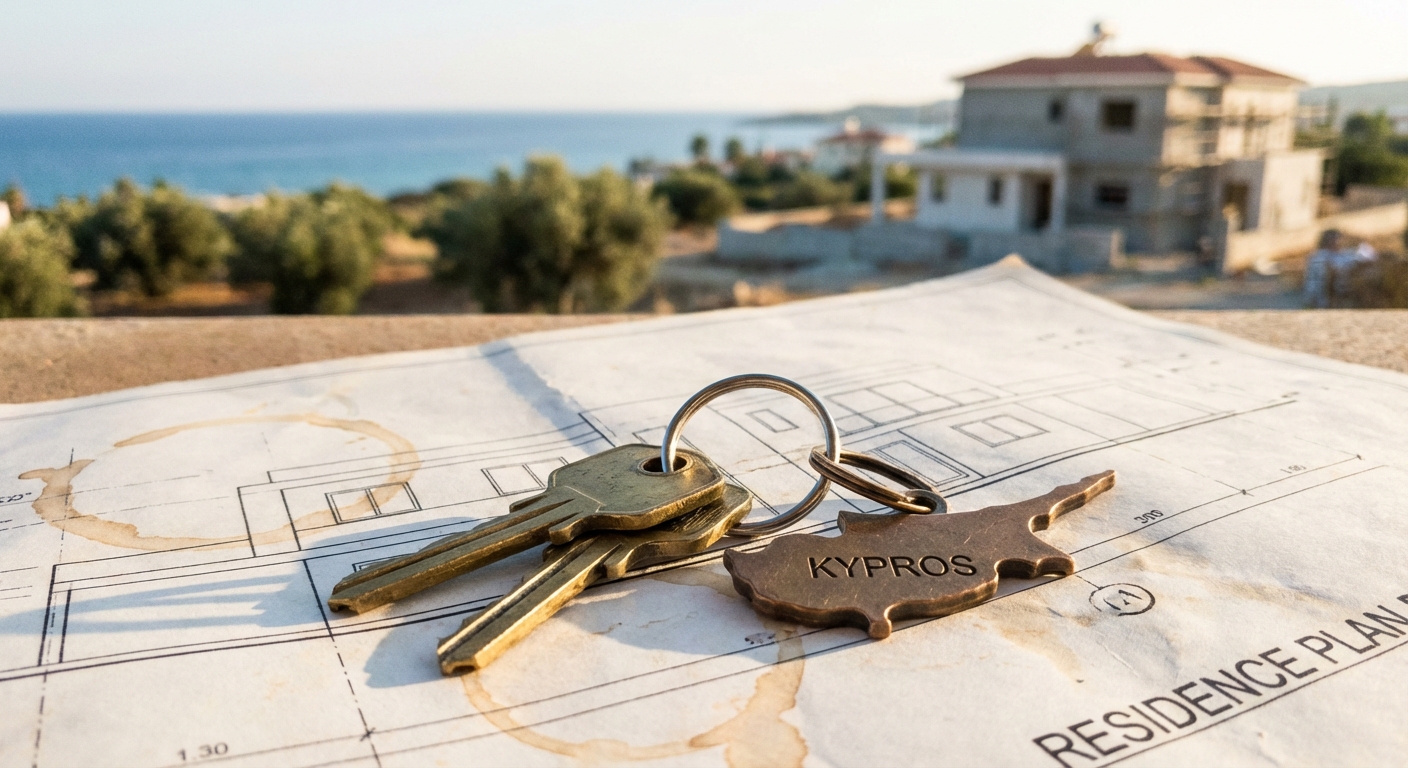 מפתחות לבית חדש מונחים על תוכניות בנייה, עם נוף קפריסאי ברקע, המסמלים את תהליך רכישת הנכס.