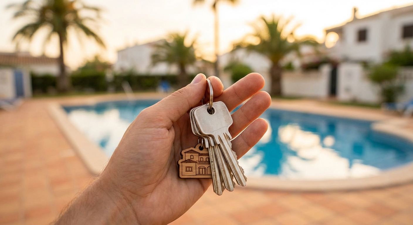 יד המחזיקה מפתחות לדירה חדשה על רקע בריכה במתחם מגורים בפאפוס.