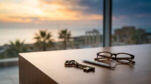 מפתח על שולחן עבודה עם נוף לים של פאפוס ברקע, המסמל את תהליך רכישת דירה בקפריסין