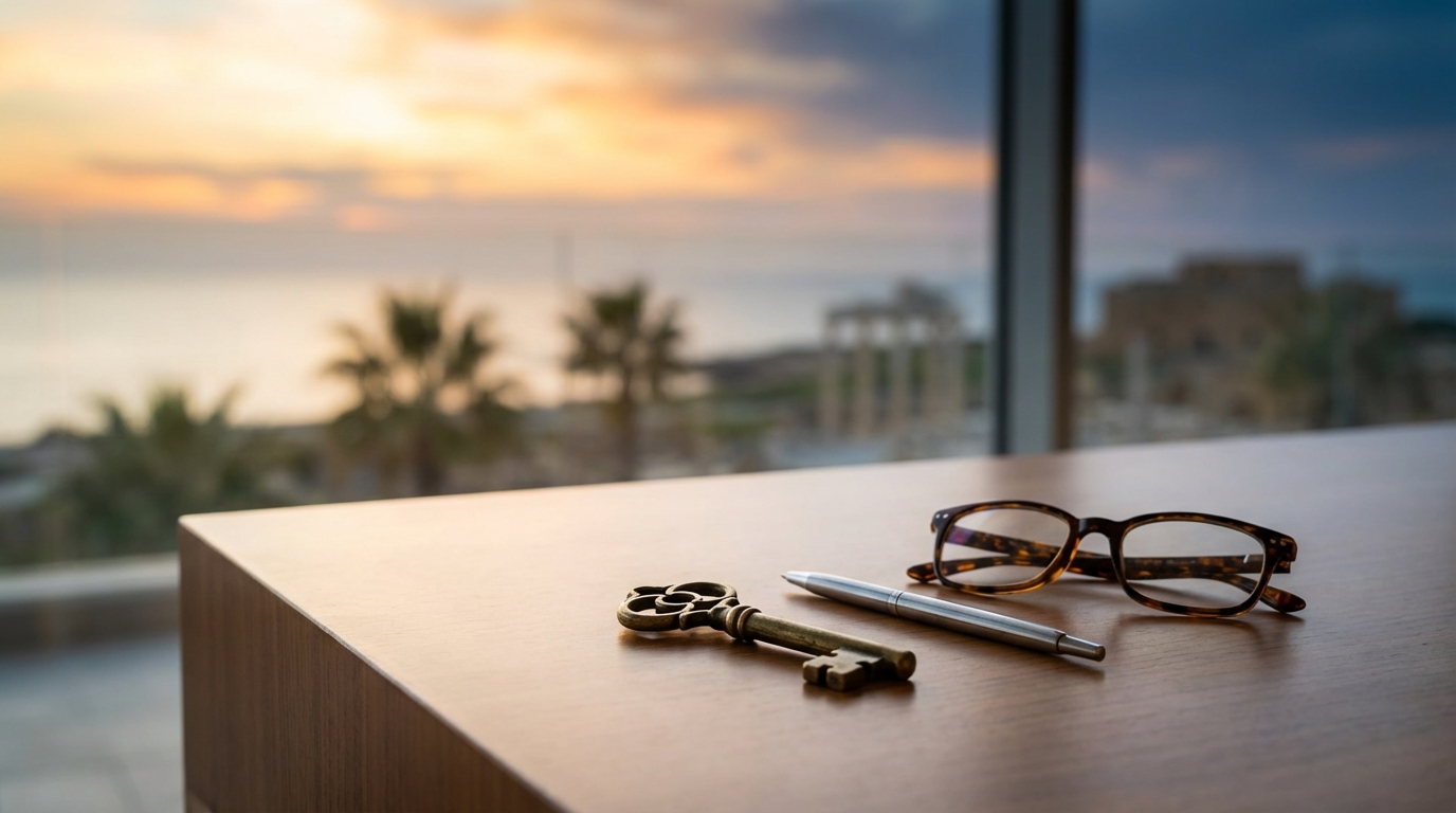 מפתח על שולחן עבודה עם נוף לים של פאפוס ברקע, המסמל את תהליך רכישת דירה בקפריסין