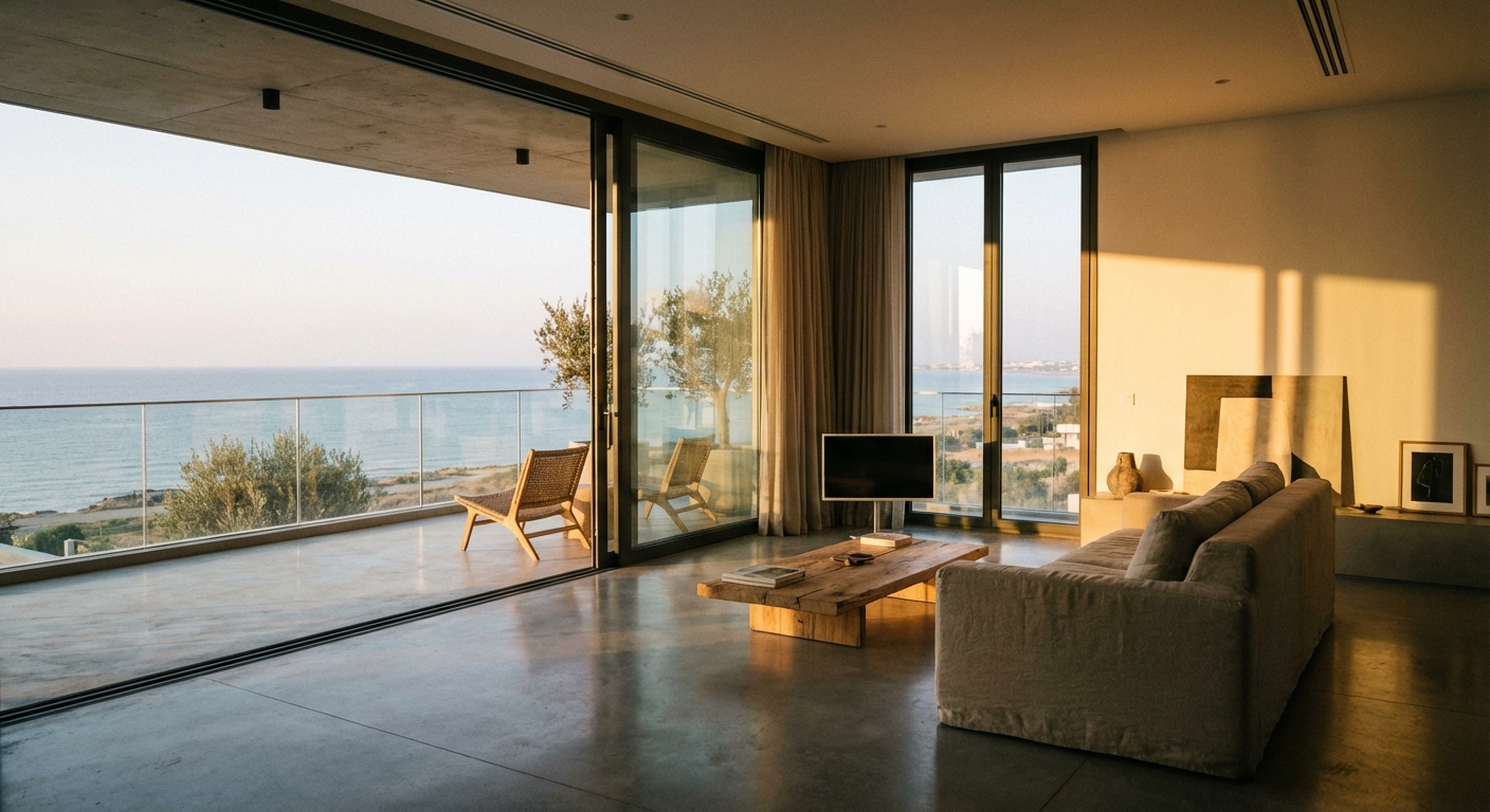 סלון של דירה מודרנית למכירה בלרנקה עם מרפסת ונוף לים.