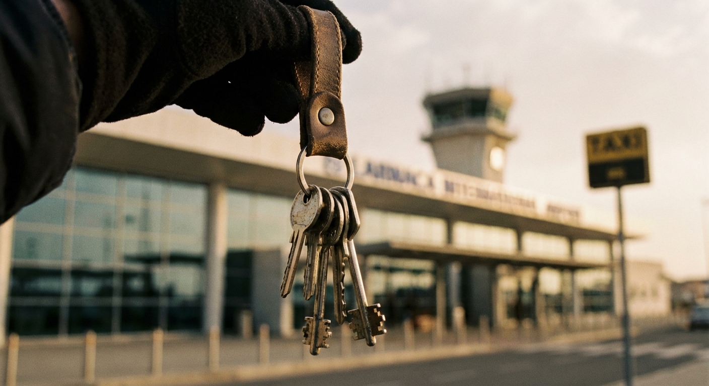 מפתחות לדירה חדשה על רקע שדה התעופה של לרנקה, קפריסין.