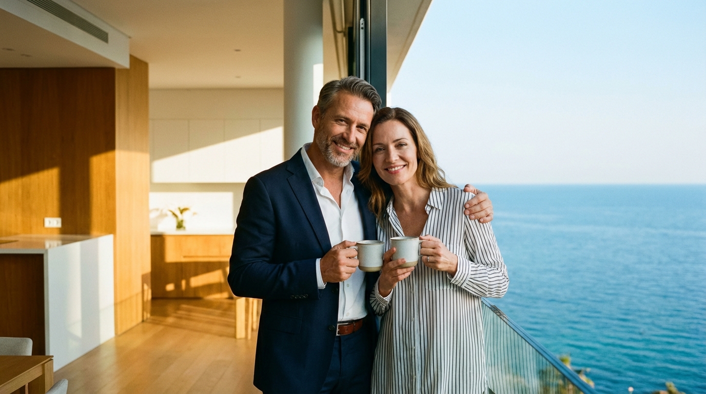 זוג ישראלי נהנה מהנוף לים ממרפסת דירתם החדשה בלרנקה