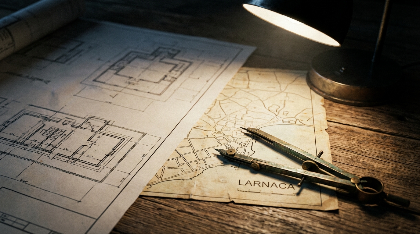 תכניות אדריכליות לבניית בית על קרקע בקפריסין, מסמל את תהליך התכנון והליווי המקצועי