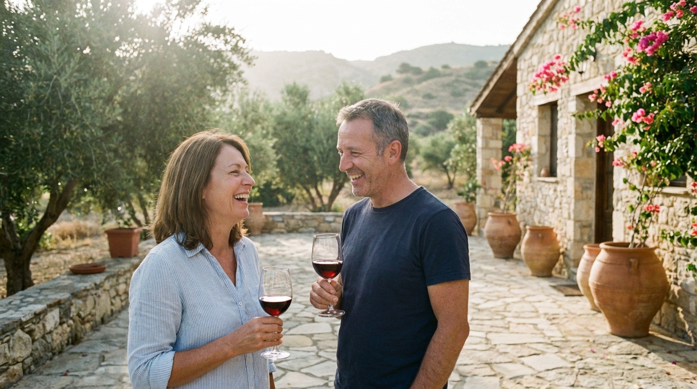 זוג נהנה מהחיים השקטים בביתם הכפרי בקפריסין, סמל לאיכות החיים שמציעה רכישת קרקע