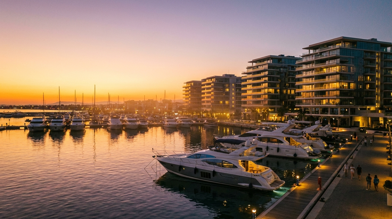 נוף של המרינה החדשה בלרנקה עם בנייני יוקרה, המסמל את התפתחות שוק הנדל"ן בעיר