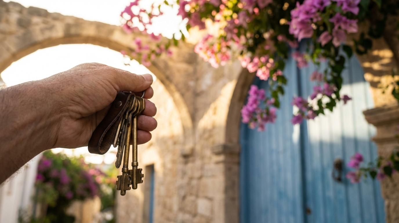 יד אוחזת במפתחות לבית חדש על רקע דלת כניסה של בית מקסים בפאפוס