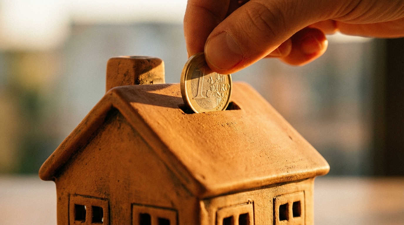 מטבע אירו מוכנס לקופת חיסכון בצורת בית, המסמל את היבטי המיסוי והכדאיות הכלכלית בהשקעה בפאפוס