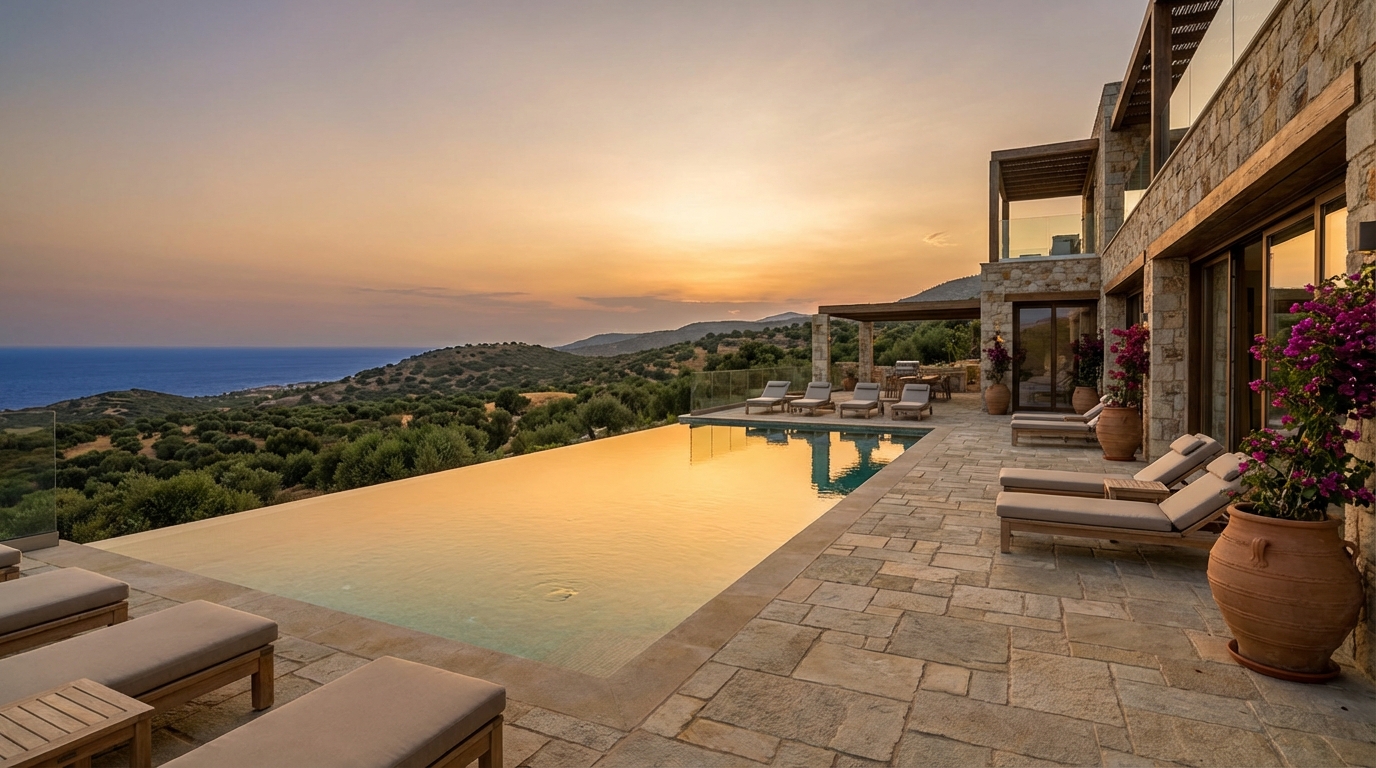 וילה להשקעה בקפריסין עם בריכה ונוף לים בשקיעה