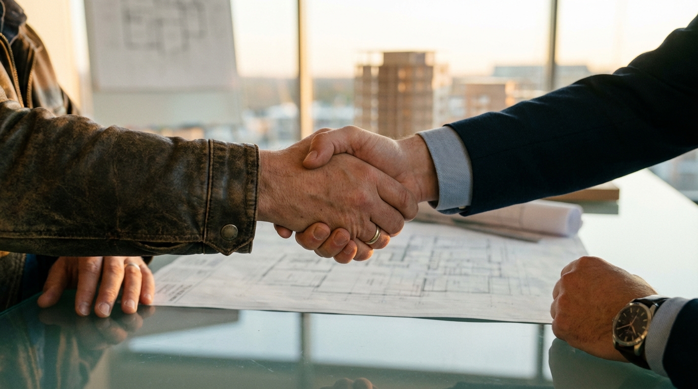 לחיצת ידיים המסמלת עסקה מוצלחת וליווי מקצועי ברכישת נדל