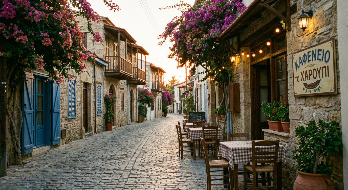 סמטה ציורית בעיר העתיקה של פאפוס המציגה את האווירה הקהילתית החמה והייחודית.