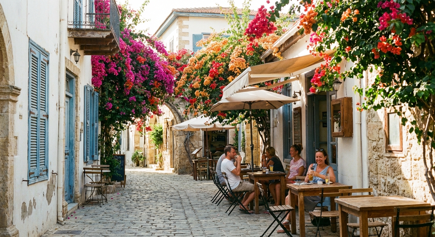 סמטה ציורית בעיר העתיקה של פאפוס עם בתי קפה ופרחים, המדגימה את איכות החיים הגבוהה בעיר.