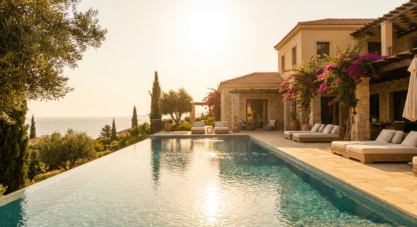 וילה מודרנית עם בריכה פרטית המשקיפה על הים התיכון בפאפוס, קפריסין, כסמל להשקעת נדל"ן מוצלחת.