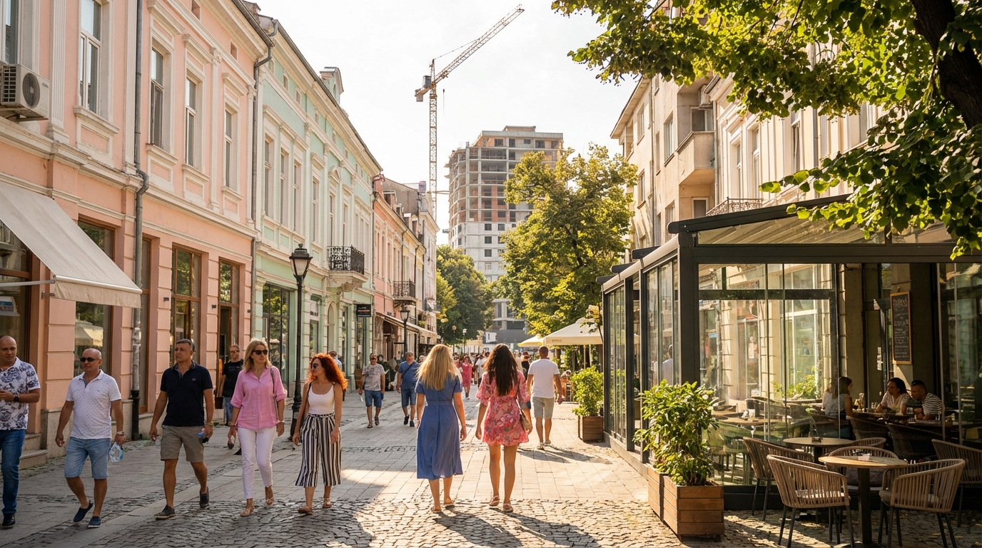 רחוב אירופאי שוקק חיים בעיר בולגרית, המעיד על צמיחה כלכלית