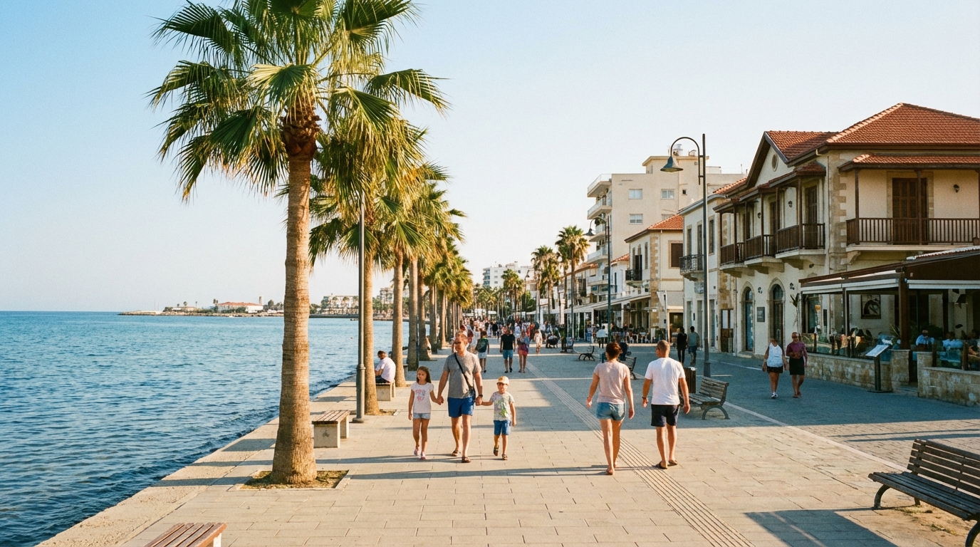 אנשים מטיילים בטיילת פיניקודס בלרנקה, עם עצי דקל וים ברקע.