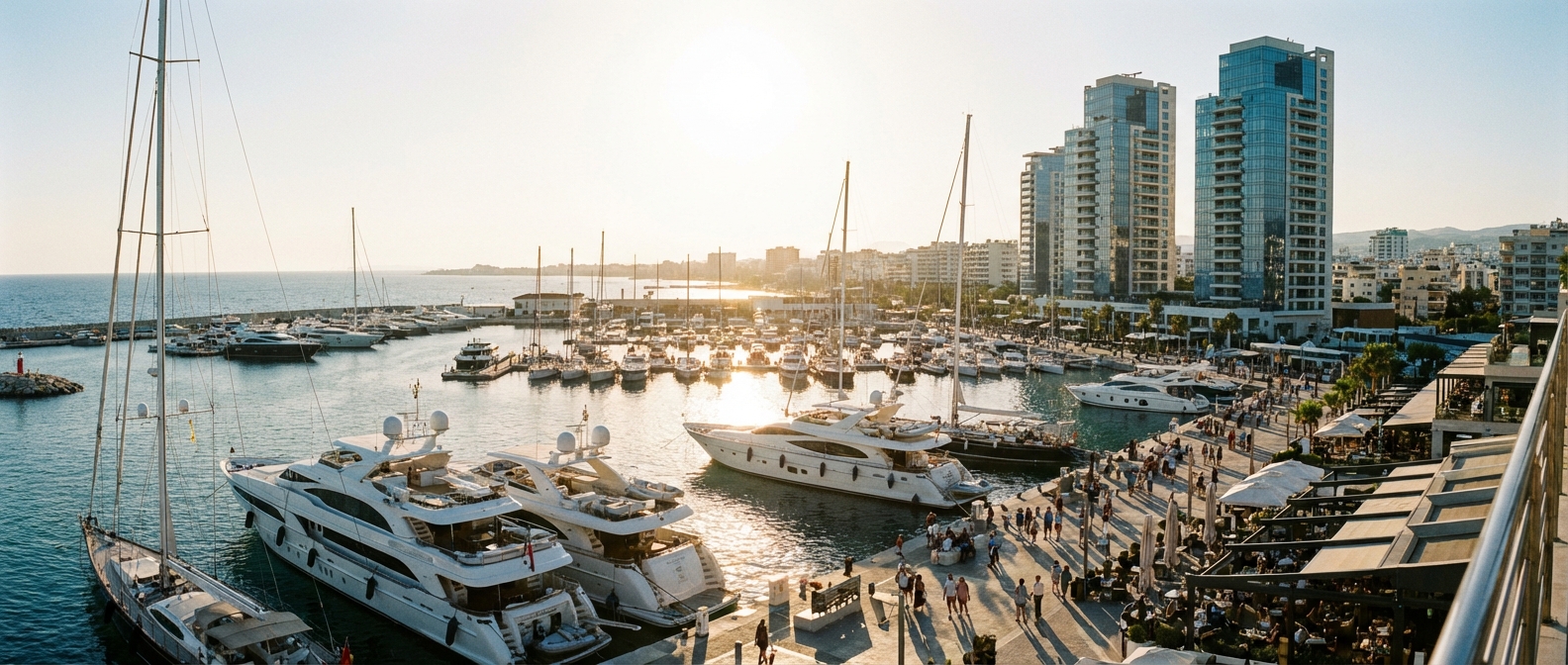 מרינת לימסול בקפריסין עם יאכטות ובניינים מודרניים
