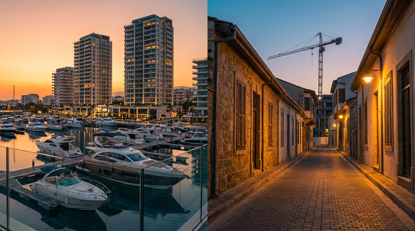קולאז' המציג את קו הרקיע המודרני של לימסול מול הפיתוח המתהווה בלרנקה