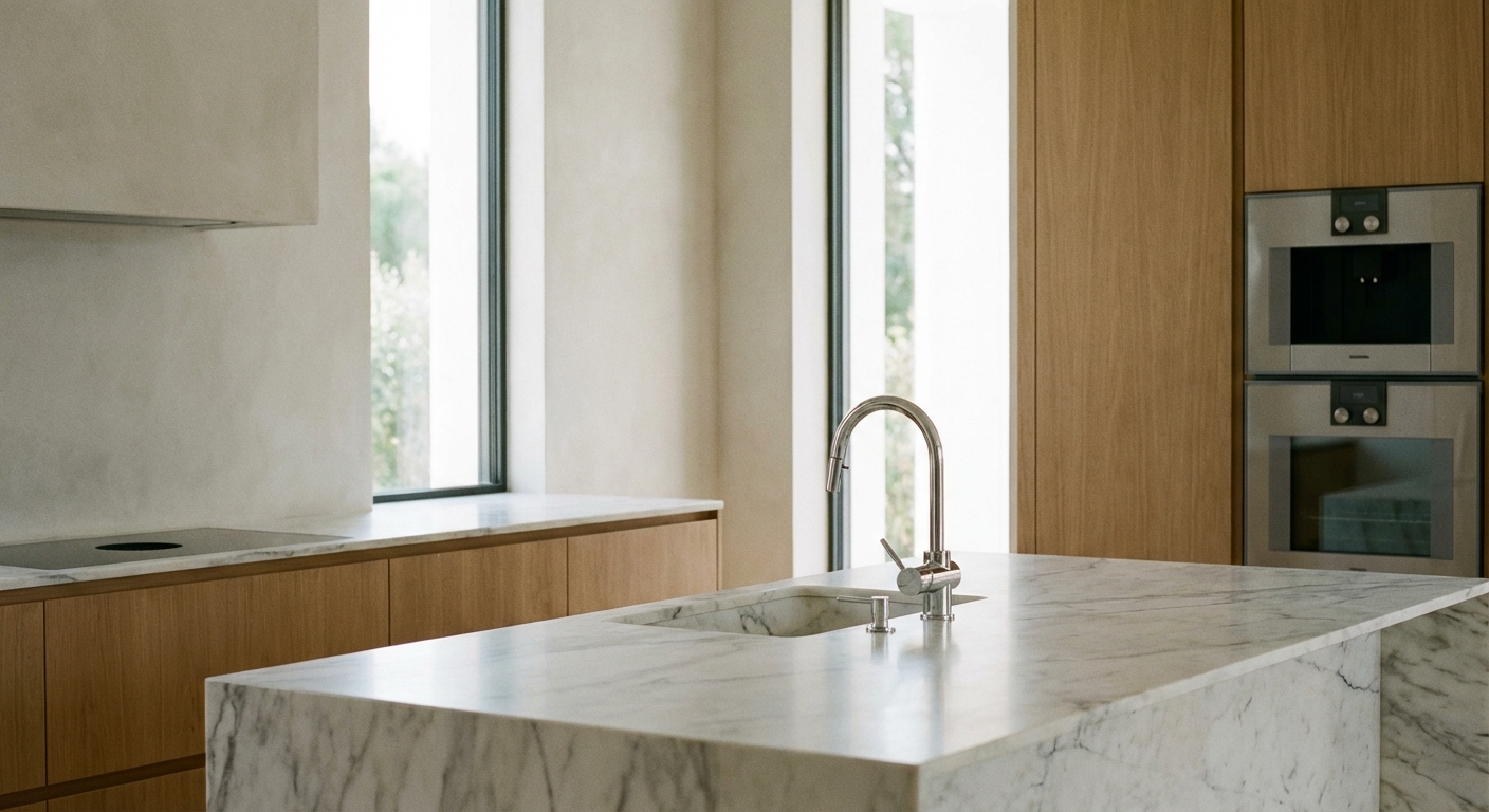 מטבח מודרני עם אי שיש וגימורים ברמה גבוהה בוילה בקפריסין.