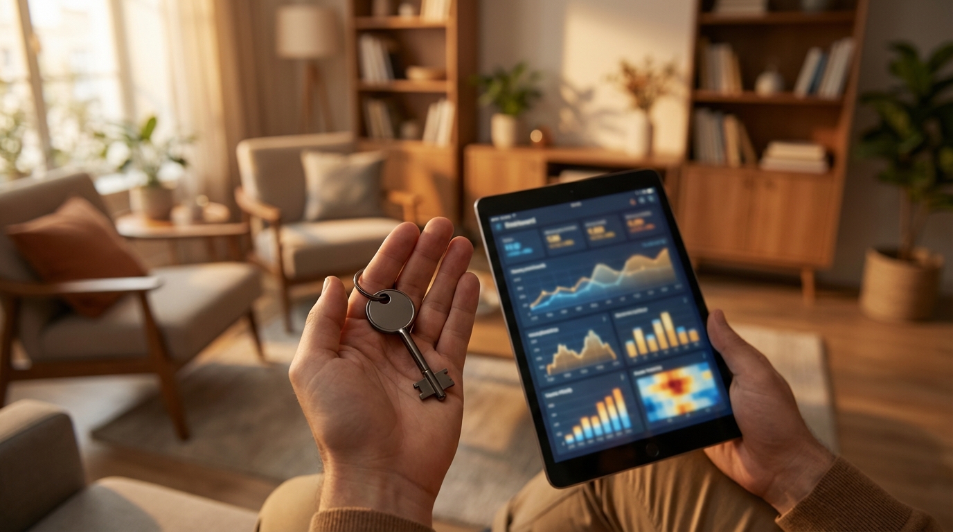 משקיע מחזיק מפתח לדירה בקפריסין ובודק נתונים בטאבלט