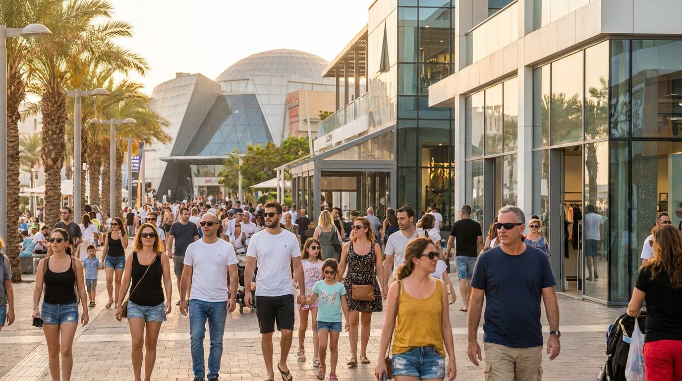 הטיילת התוססת של אילת, עם מבנים מודרניים ואנשים מטיילים באור יום.