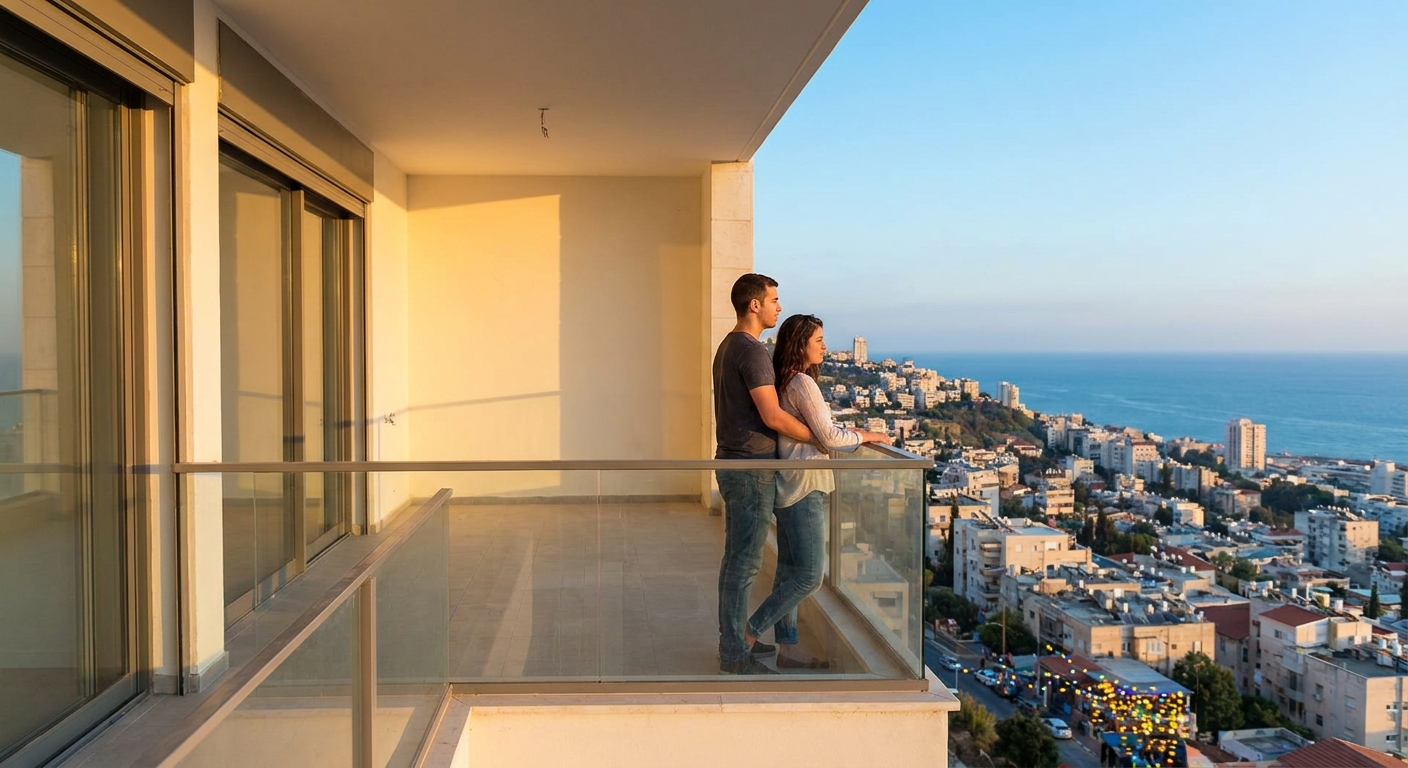 זוג צעיר במרפסת דירתם החדשה בפרויקט פינוי בינוי, משקיף על הנוף הפתוח של חיפה, ומסמל את שיפור איכות החיים.