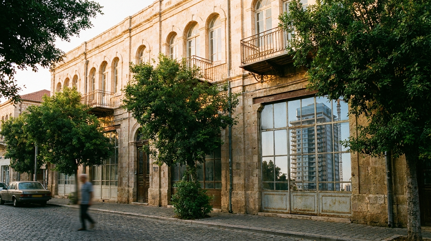 בניין ישן ומטופח בחיפה המשקף בניין חדש, סמל להתחדשות עירונית