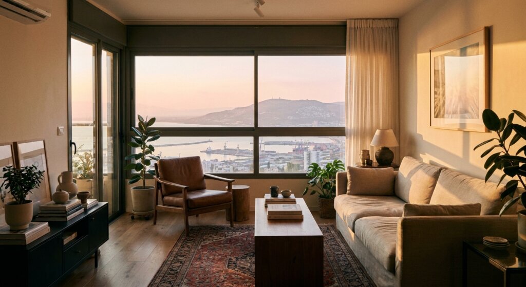 דירת Airbnb מסוגננת בחיפה המשקיפה על הנמל, המדגימה פוטנציאל השקעה.