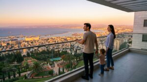 זוג עולים חדשים מסתכלים על נוף מפרץ חיפה ממרפסת דירתם החדשה