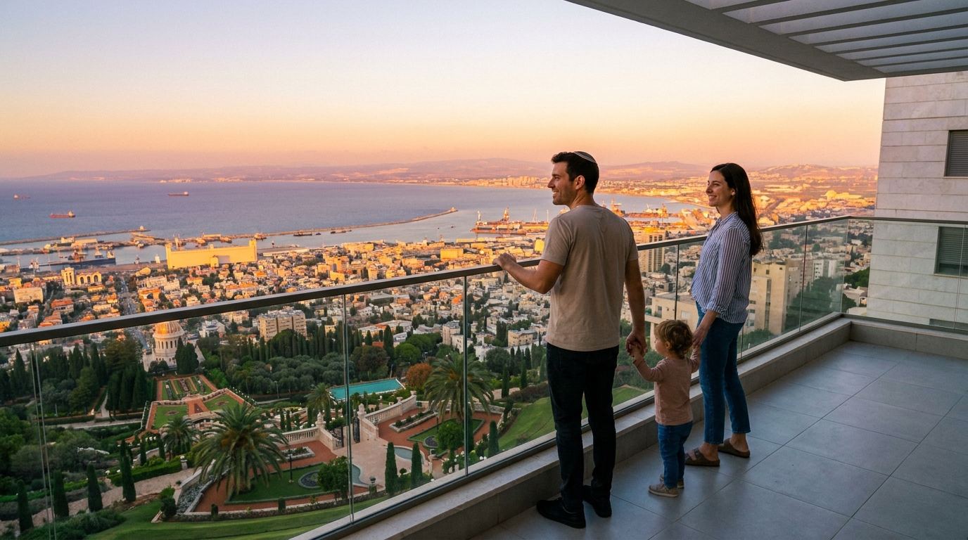 זוג עולים חדשים מסתכלים על נוף מפרץ חיפה ממרפסת דירתם החדשה
