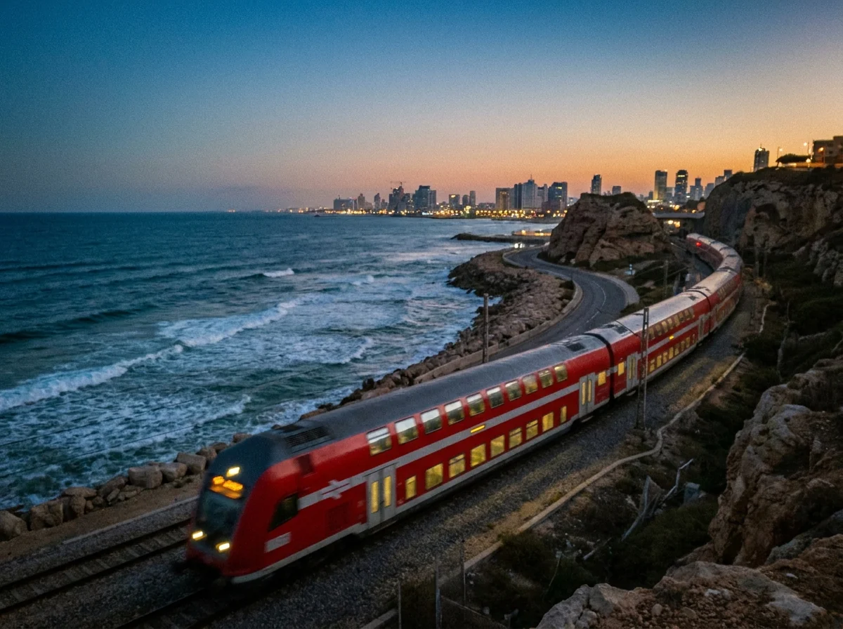 רכבת ישראל מודרנית נוסעת לאורך קו החוף בחיפה, סמל לנגישות מהמרכז