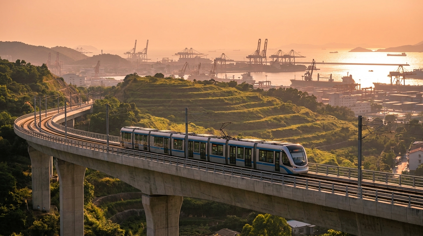 רכבת קלה מודרנית חוצה גשר על רקע נופי הצפון, סמל להתפתחות התשתיות באזור