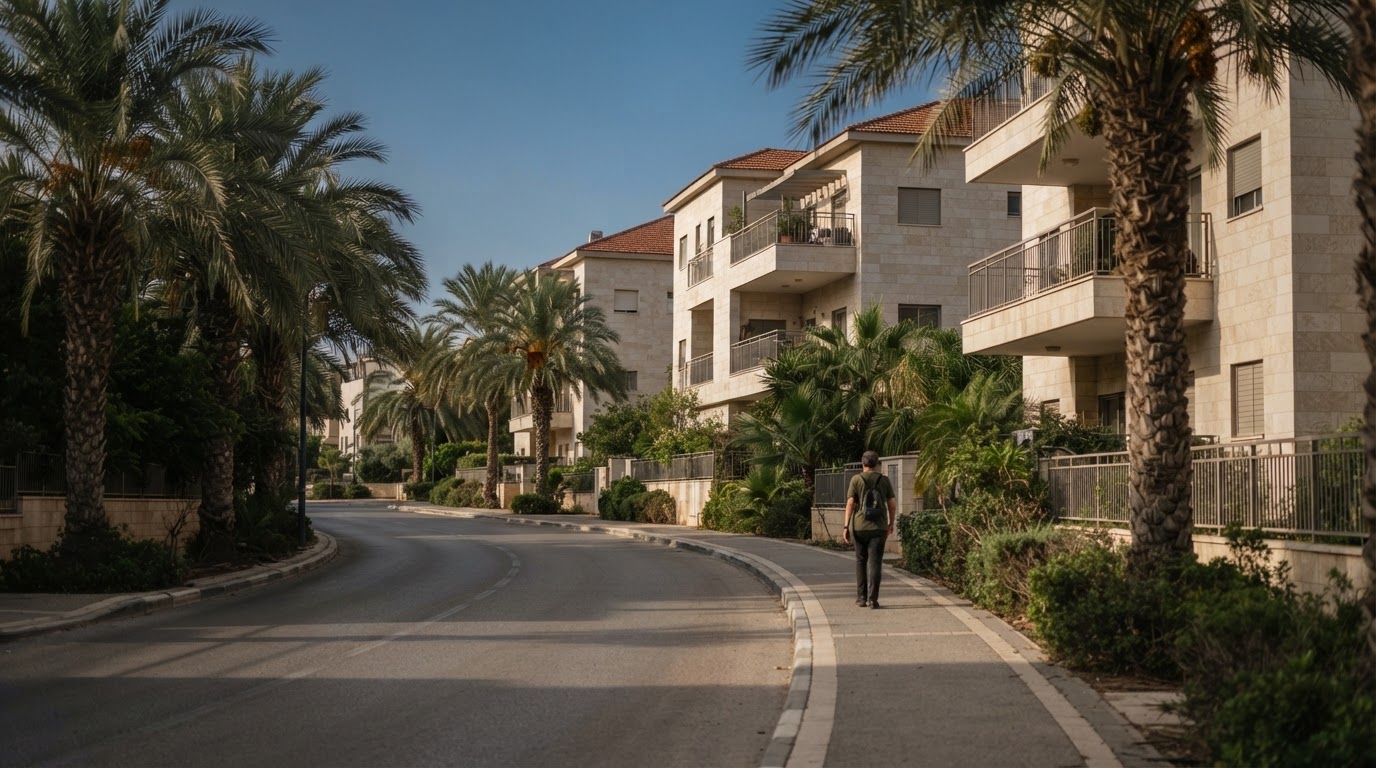רחוב מגורים שליו עם בנייני דירות ועצי דקל באור יום
