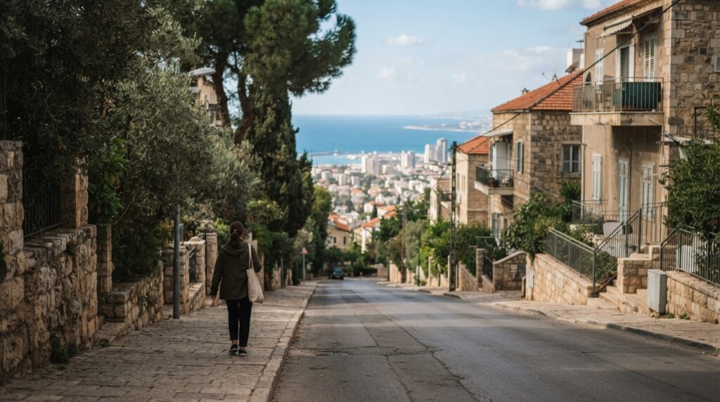 רחוב מגורים על צלע הר בחיפה עם עצי אורן ומבט לים