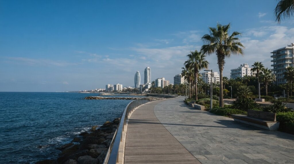 טיילת חוף מרוצפת לצד מי ים כחולים ומבני מגורים מודרניים באור יום מלא בלימסול